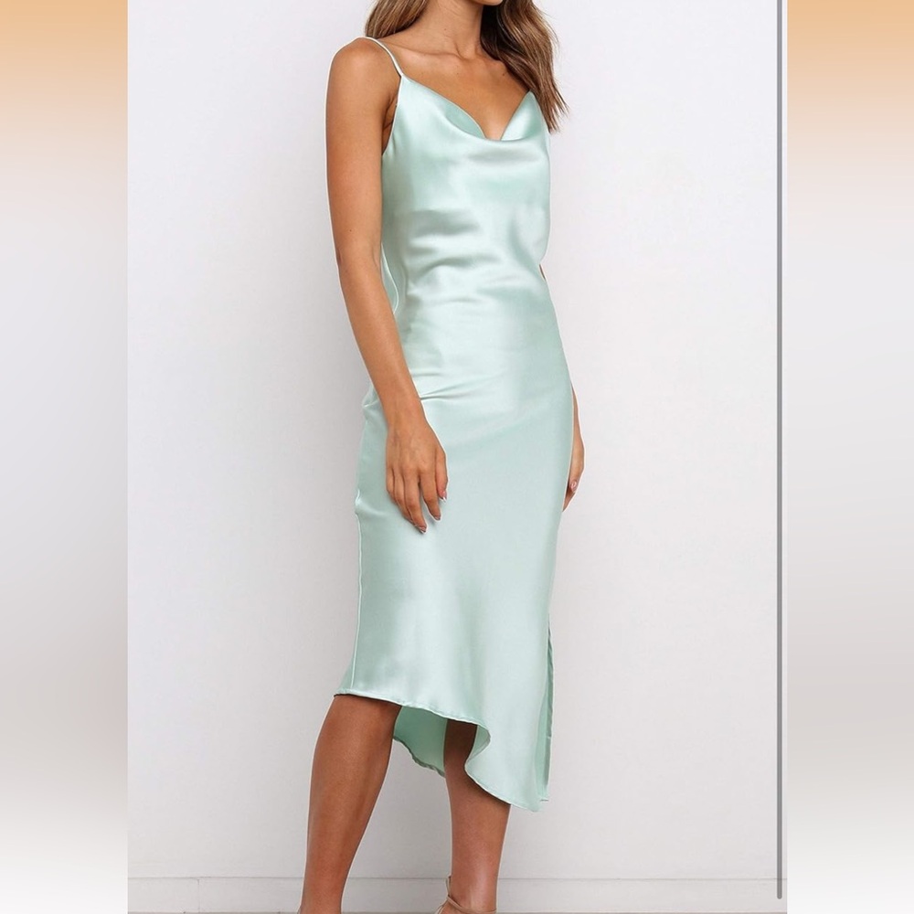 Chic Asymmetrical Satin Dress in Light Green NWT Small